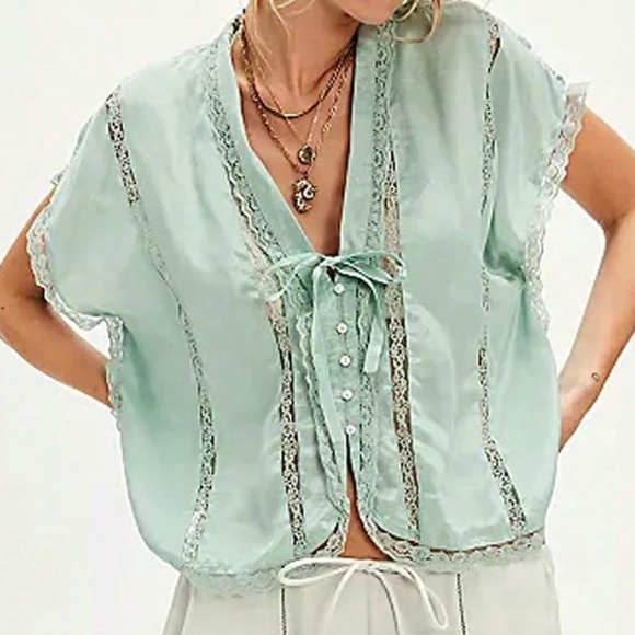 Lace Insert Button Down V neck Loose Fit Satin Blouse - Picture 2 of 6